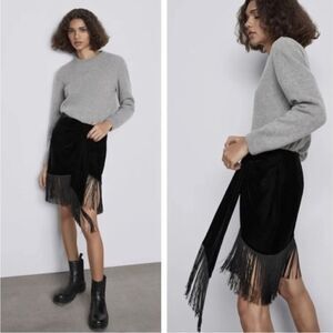 Zara velvet fringed mini skirt black S